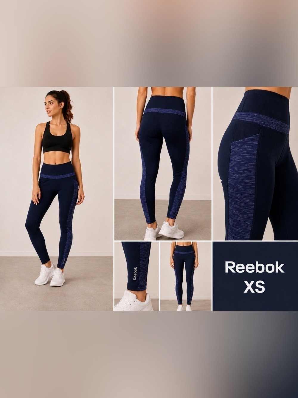Reebok XS High Waist Stretch Cotton Leggings Navy Purple Side Panels NWT